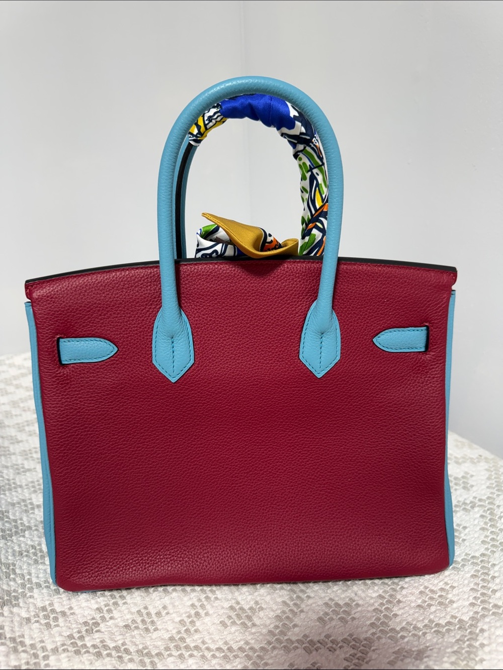 Hand Sewn Magenta Leather Tote with Turquoise Trim - Picture 3 of 5